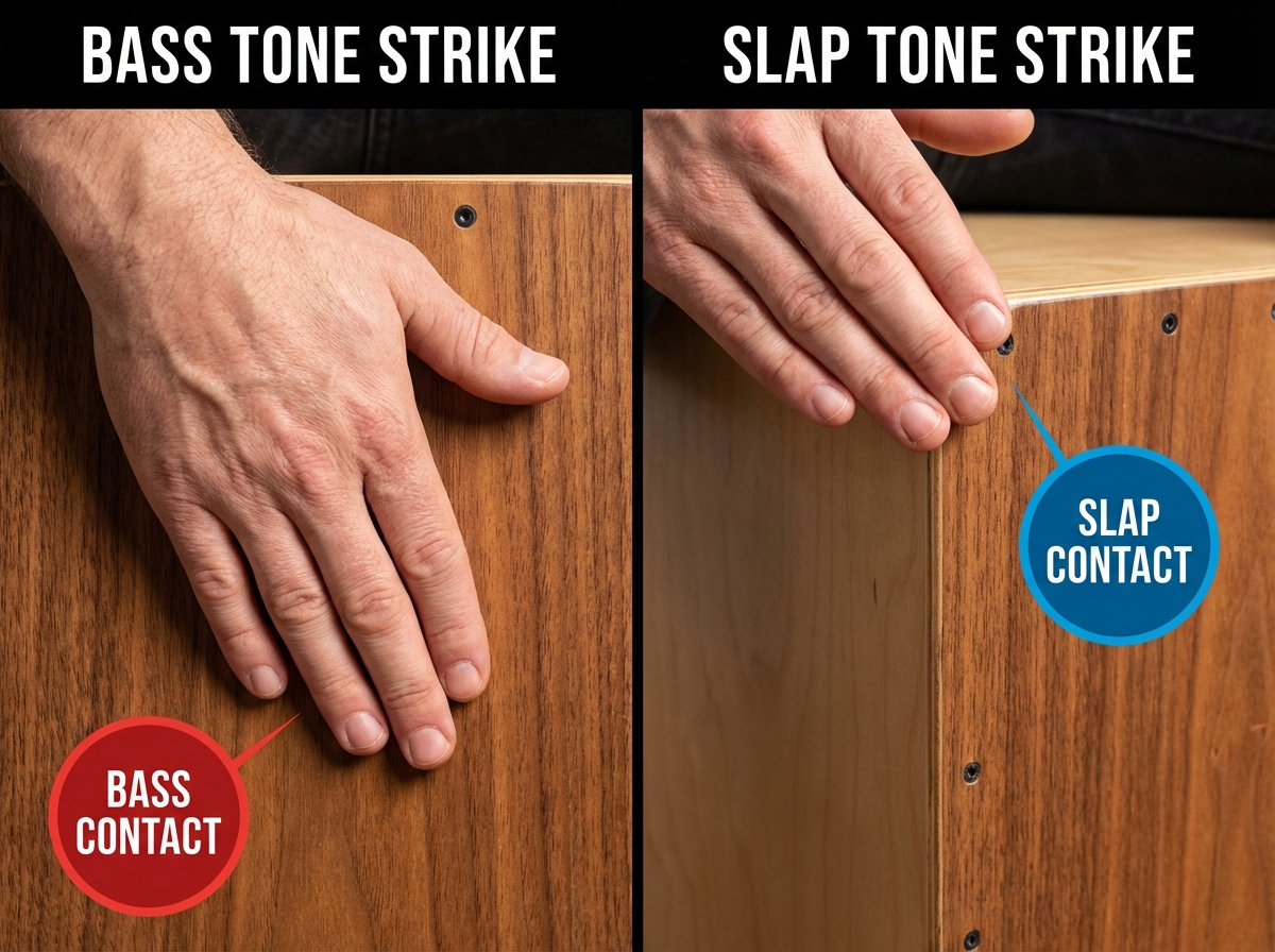 Side-by-side cajon hand position comparison showing bass tone strike (open palm, lower center) versus slap tone strike (fingers, upper corner) with labeled contact points