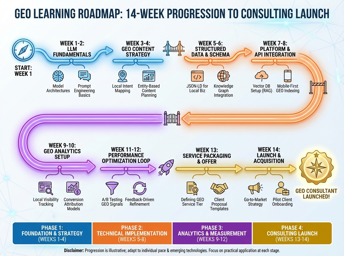 GEO learning roadmap showing 14-week progression from LLM fundamentals through content strategy, technical implementation, analytics measurement, and consulting launch stages