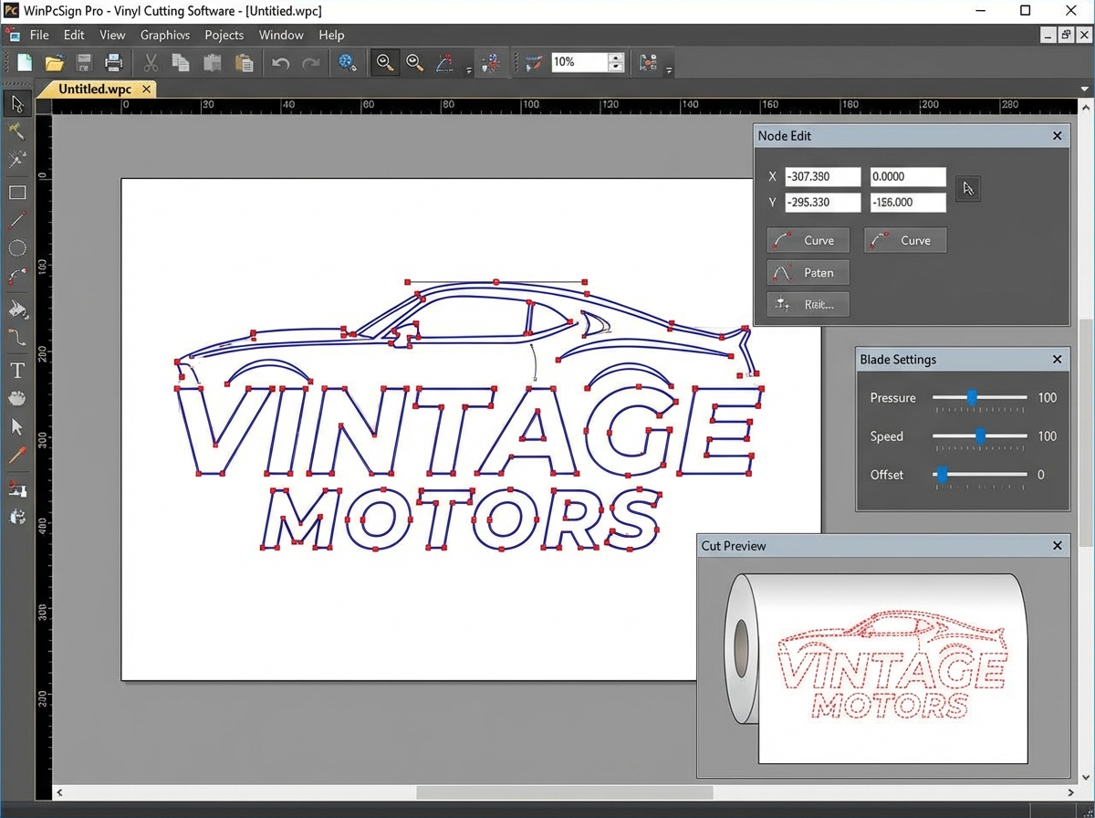 WinPcSign software interface showing vinyl decal vector path with node editing panel open, blade settings panel, and preview of cut outline on virtual vinyl sheet