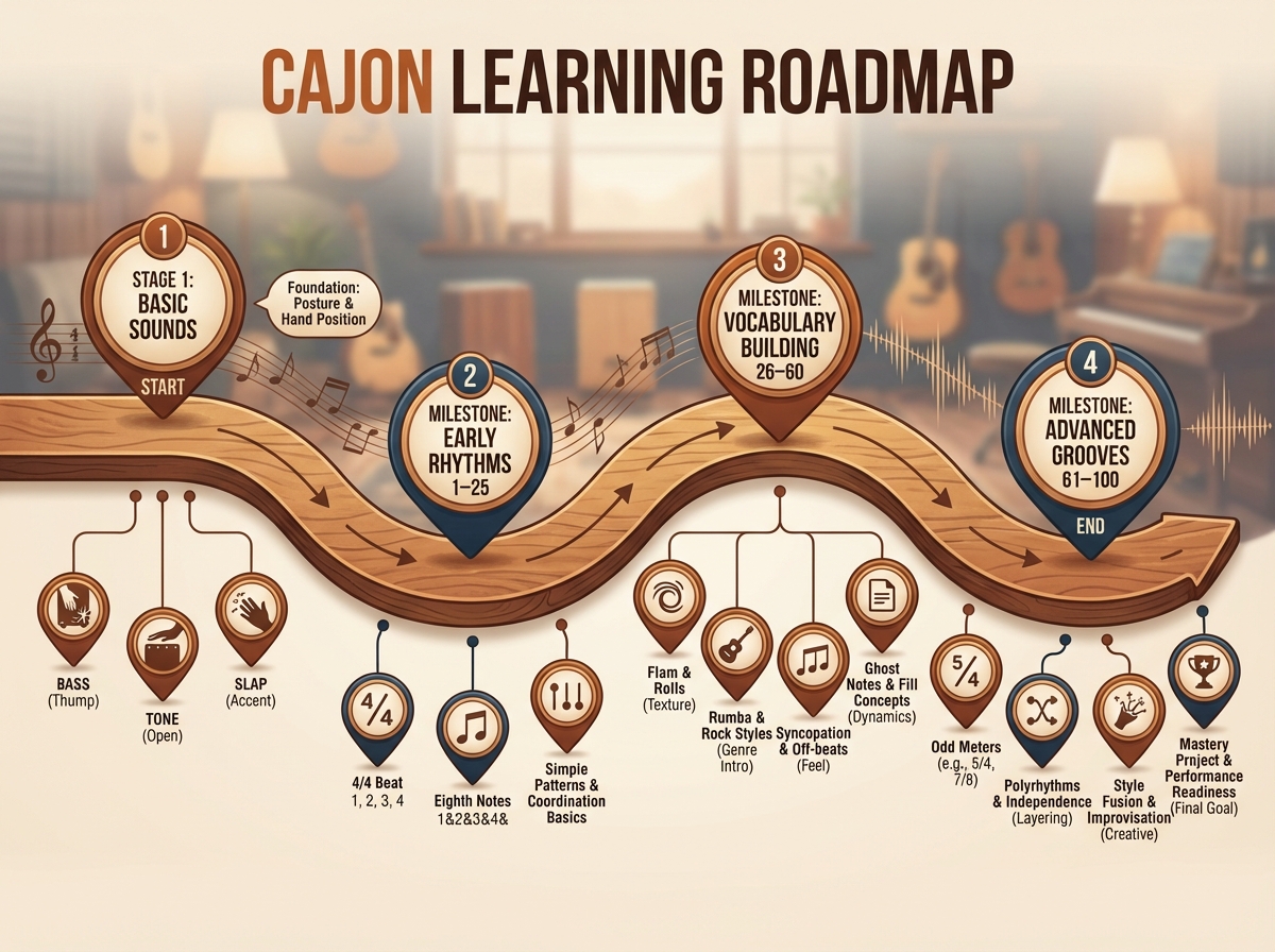 Cajon learning roadmap with four sequential stages labeled Basic Sounds, Early Rhythms 1–25, Vocabulary Building 26–60, and Advanced Grooves 61–100, shown as a horizontal timeline with milestone markers