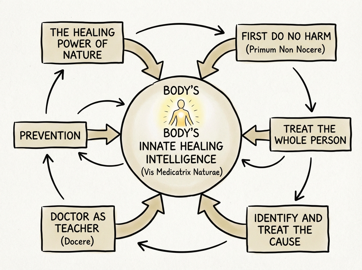 Naturopathy vital force concept diagram showing body's innate healing intelligence at center, surrounded by six naturopathic principles as supporting elements with directional arrows
