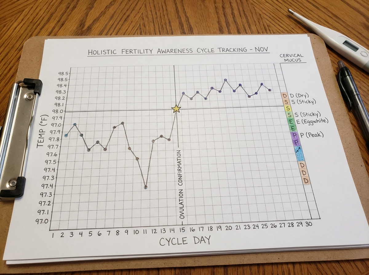 Basal body temperature chart for natural cycle tracking showing biphasic pattern with ovulation confirmation marker, cervical mucus notation column, and cycle day axis for holistic fertility awareness