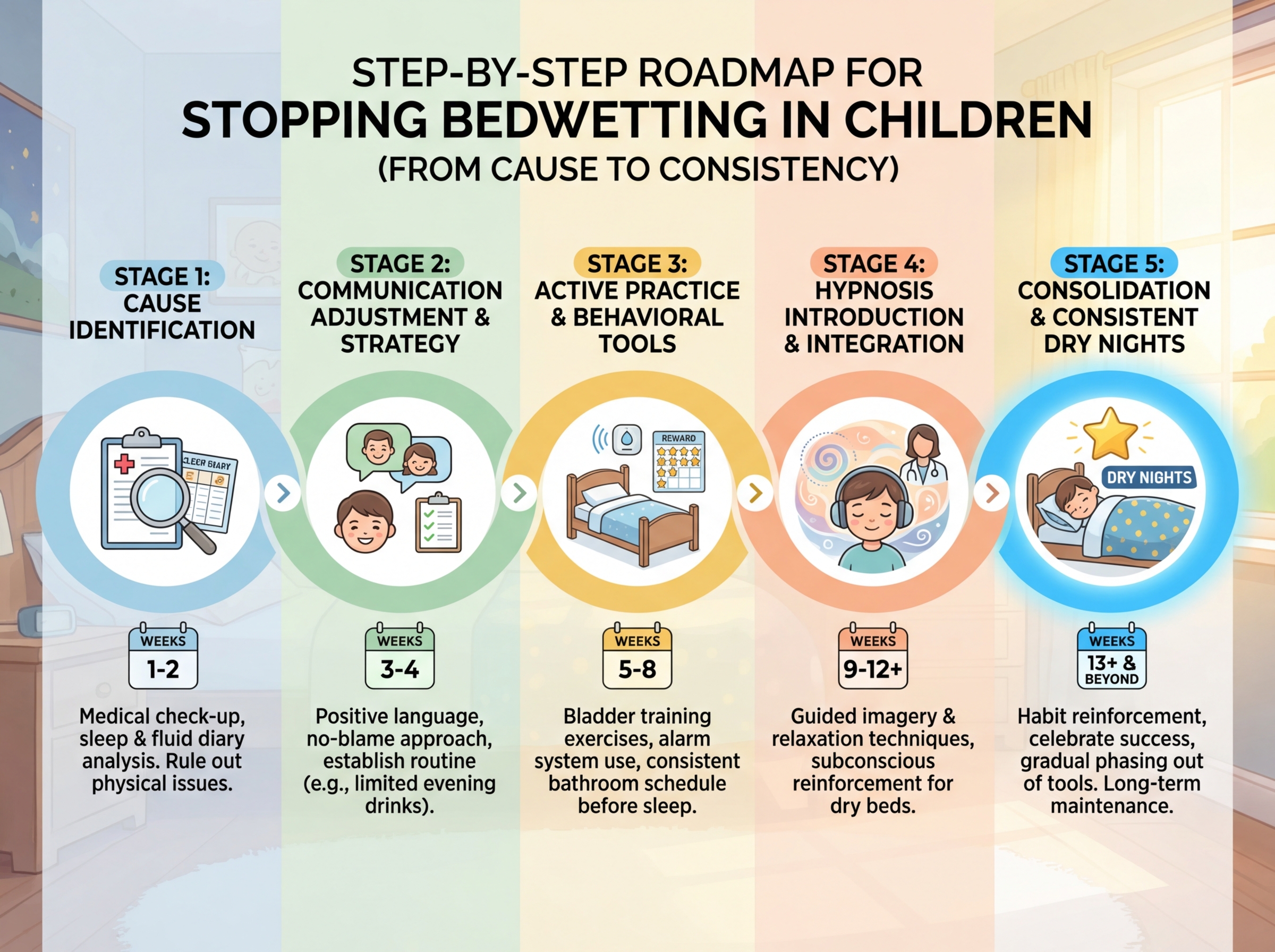 Step-by-step roadmap for stopping bedwetting in children showing five stages from cause identification through communication adjustment to hypnosis introduction and consistent dry nights, with week markers