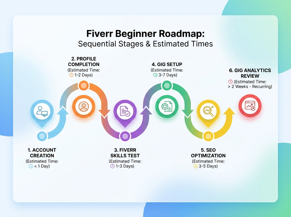 Fiverr beginner roadmap showing sequential stages: account creation, profile completion, Fiverr skills test, gig setup, SEO optimization, and gig analytics review with estimated time per stage