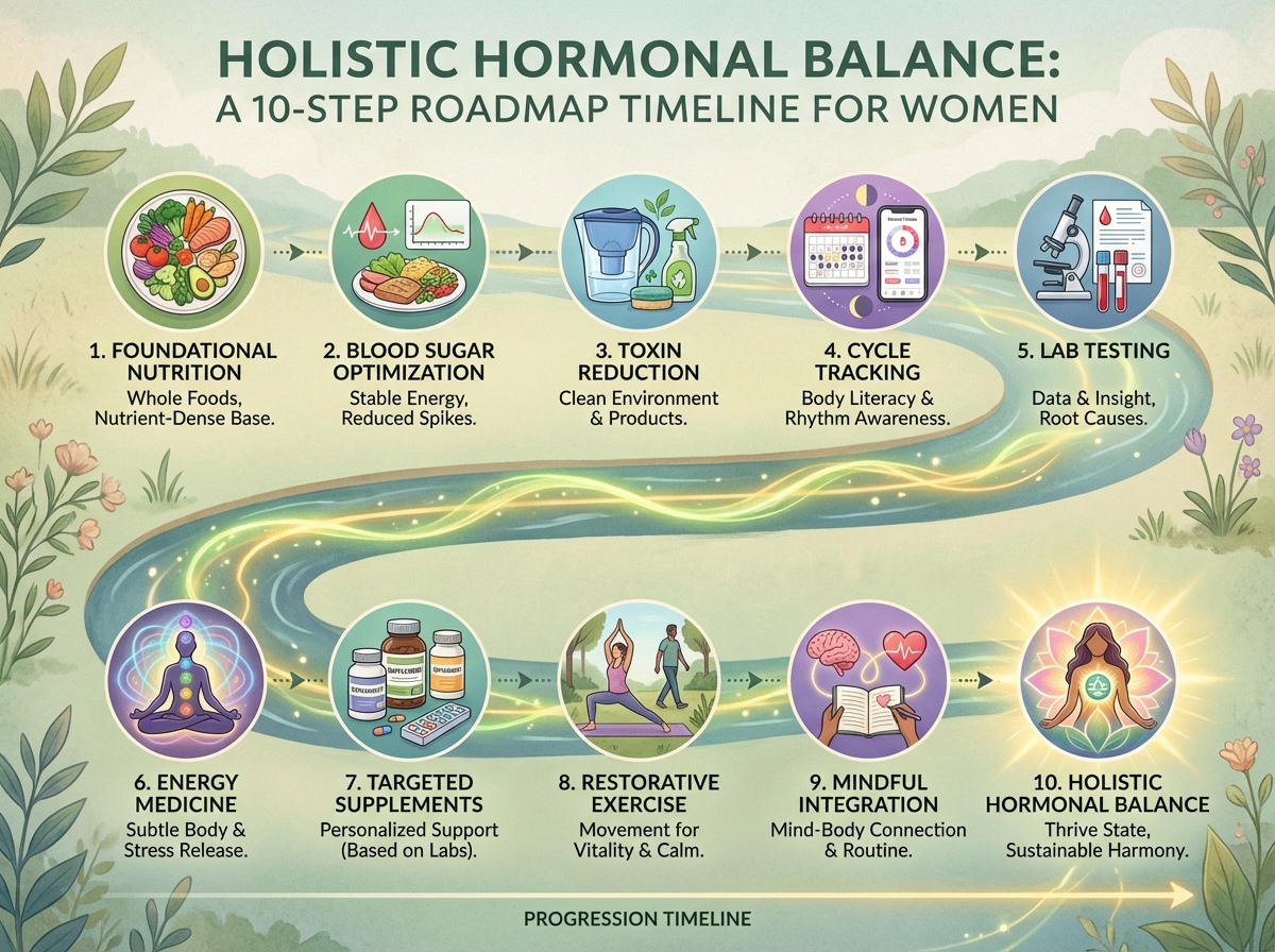 Holistic hormonal balance for women 10-step roadmap timeline showing progression from foundational nutrition through energy medicine, toxin reduction, blood sugar optimization, lab testing, supplements, cycle tracking, and restorative exercise