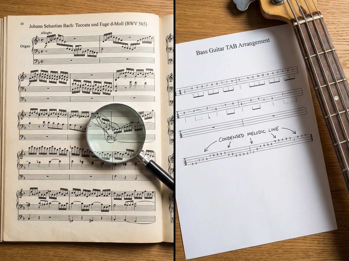 Comparison of Bach Toccata and Fugue in D minor original organ score versus bass guitar TAB arrangement, showing how three-voice fugue texture is condensed into single-instrument melodic line