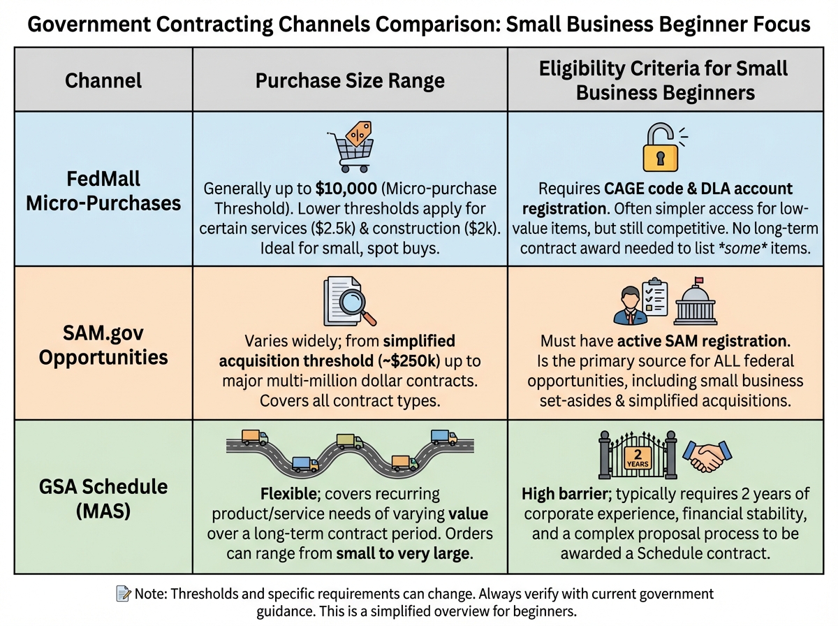 Government contracting channels comparison table showing FedMall micro-purchases versus SAM.gov opportunities versus GSA Schedule, with purchase size ranges and eligibility criteria for small business beginners