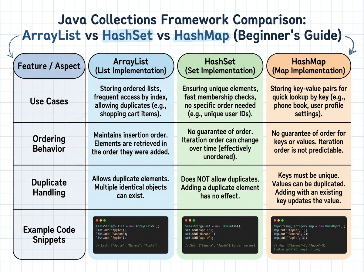 Java collections framework comparison table showing ArrayList vs HashSet vs HashMap with use cases, ordering behavior, duplicate handling, and example code snippets for beginners