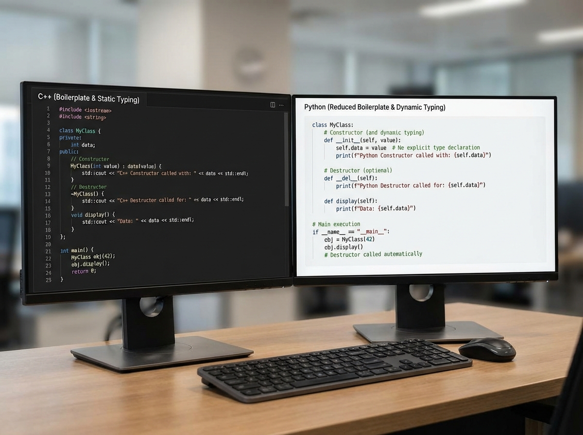 Side-by-side code comparison of C++ class with constructor and destructor versus equivalent Python class showing reduced boilerplate and dynamic typing for C++ to Python transition