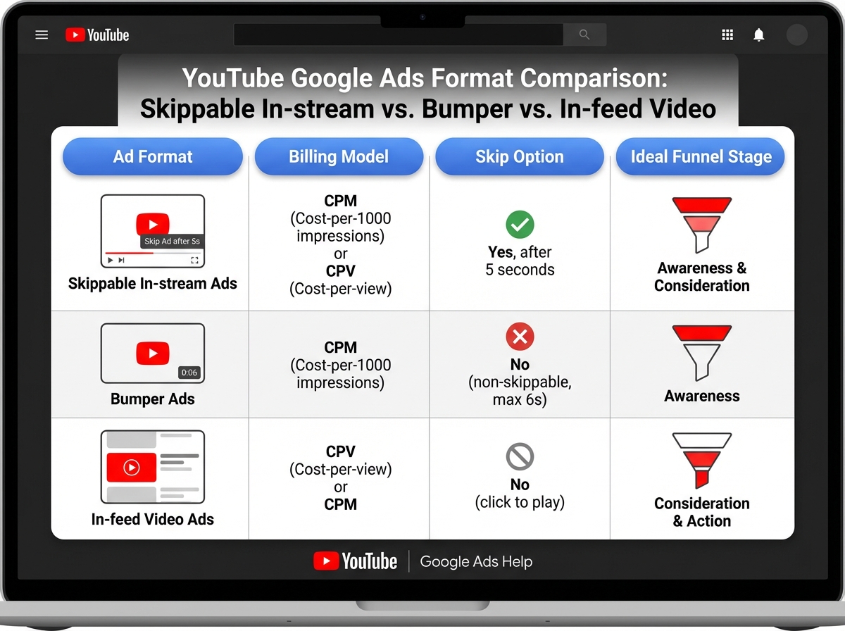 YouTube Google Ads format comparison table showing skippable in-stream vs bumper vs in-feed video ads with billing model, skip option, and ideal funnel stage for each format