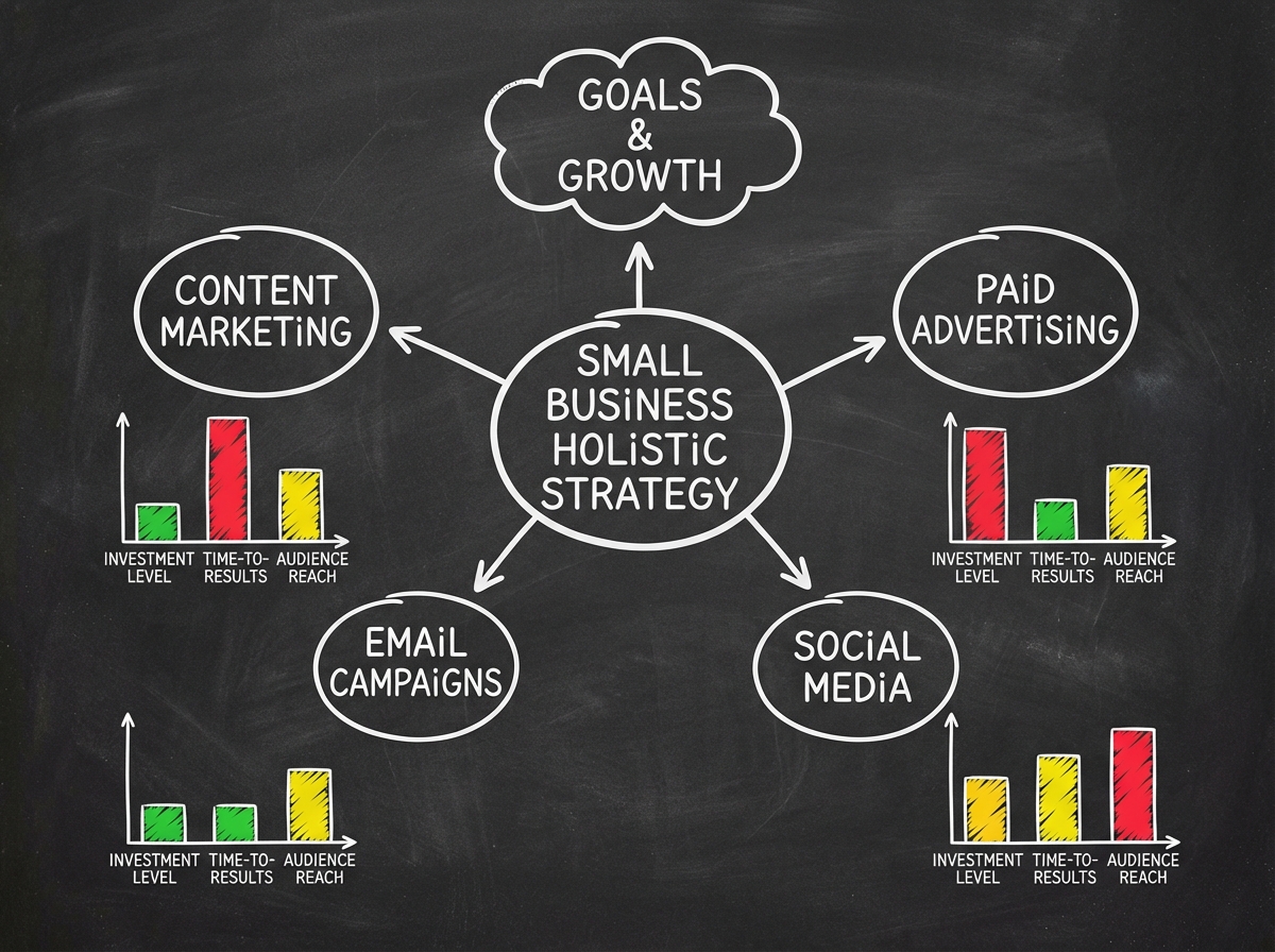 Digital marketing channel selection diagram for small business holistic strategy showing content, email, social media, and paid advertising with investment level, time-to-results, and audience reach comparisons