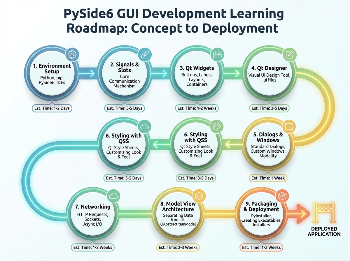PySide6 GUI development learning roadmap showing sequential stages from environment setup through signals and slots, Qt widgets, Qt Designer, dialogs, styling, networking, Model View Architecture, to packaging with estimated time per stage