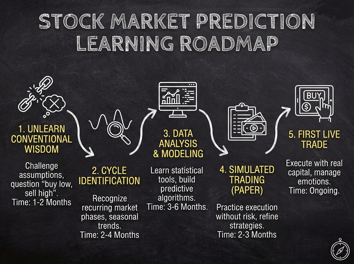 Stock market prediction learning roadmap with five sequential stages from unlearning conventional wisdom through cycle identification to first live trade, with time estimates per stage