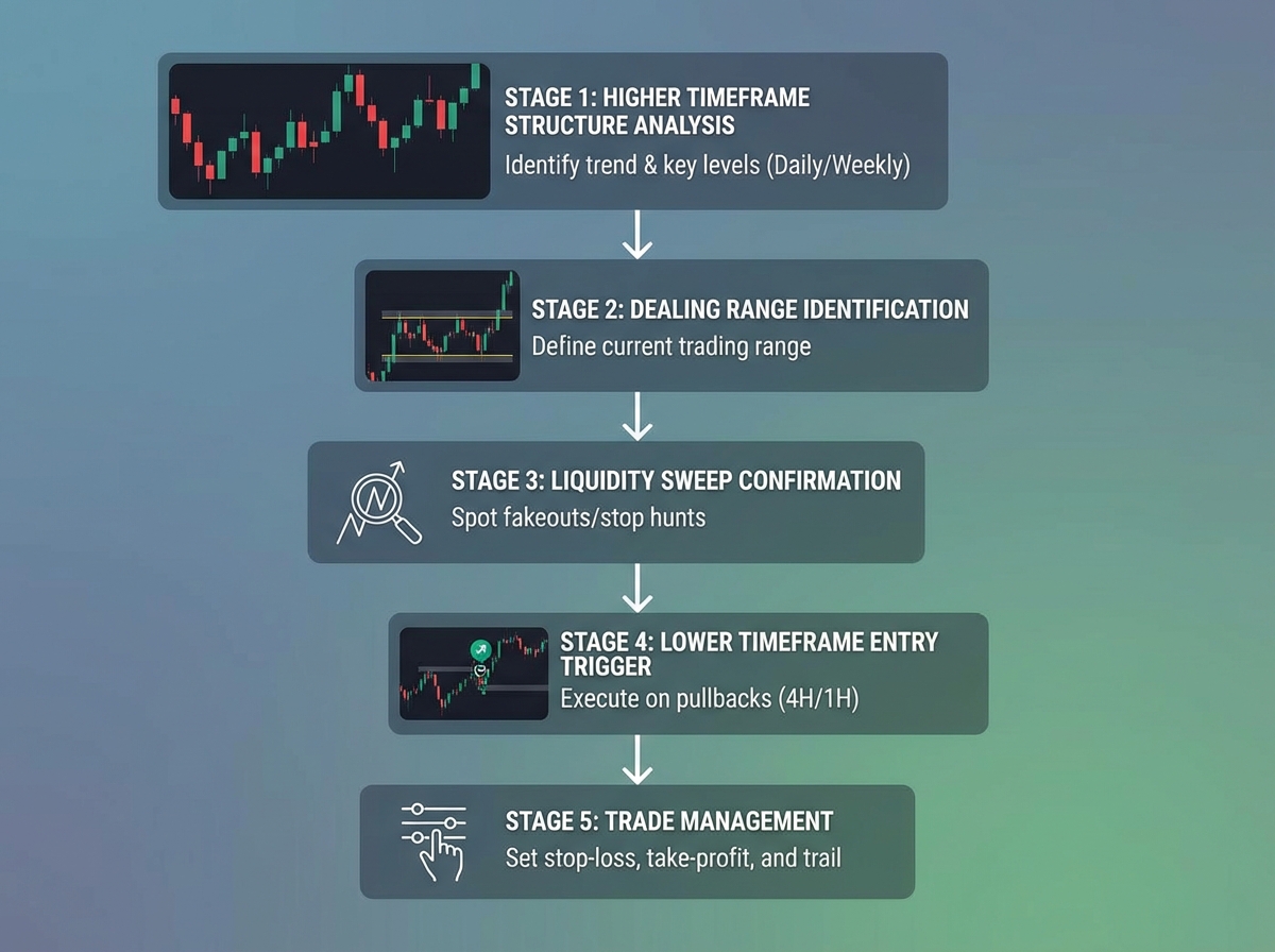 Swing trading strategy execution roadmap showing stages: higher timeframe structure analysis, dealing range identification, liquidity sweep confirmation, lower timeframe entry trigger, and trade management