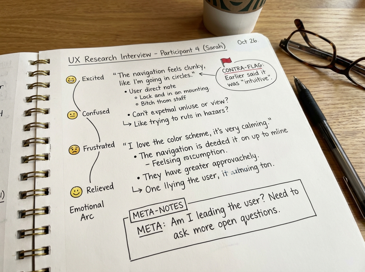 UX research interview note page showing real notation examples with metacognition markers, emotional arc annotations, and contradiction flags alongside participant quotes
