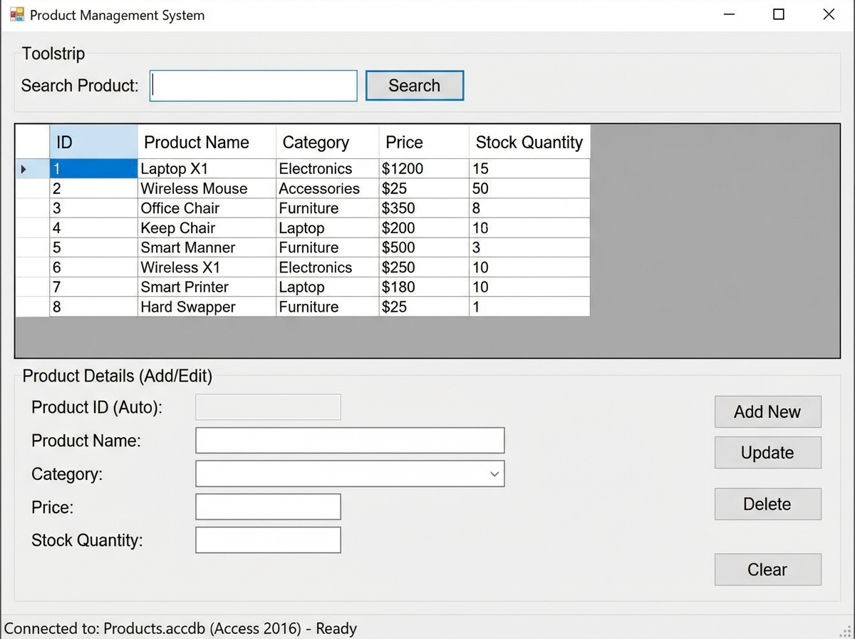 VB.NET Windows Forms product management system showing DataGridView with product list, search bar, and input fields for adding or editing a product connected to Microsoft Access database