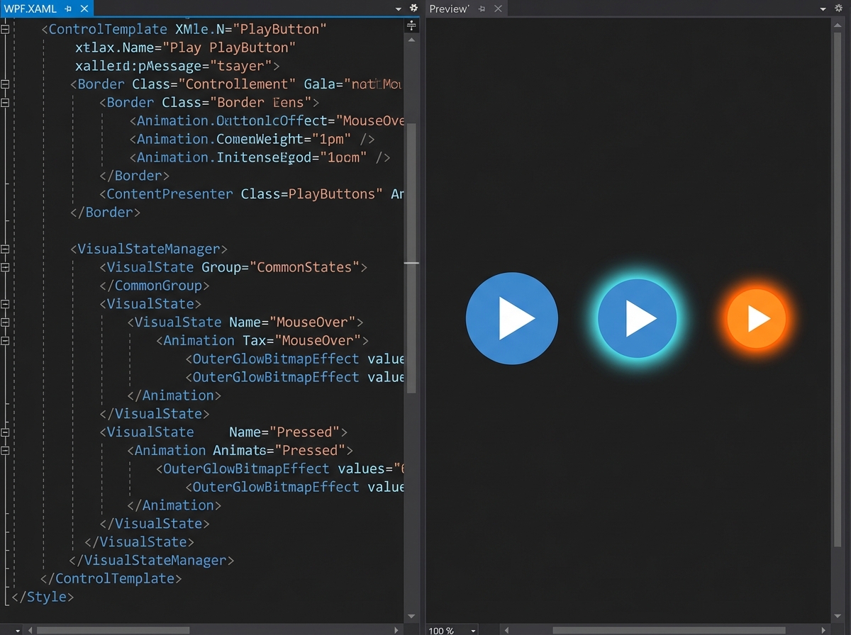 WPF ContentControl-based play button ControlTemplate showing layered Border elements with glowing effect triggers, ContentPresenter placement, and VisualState animation for hover and pressed states