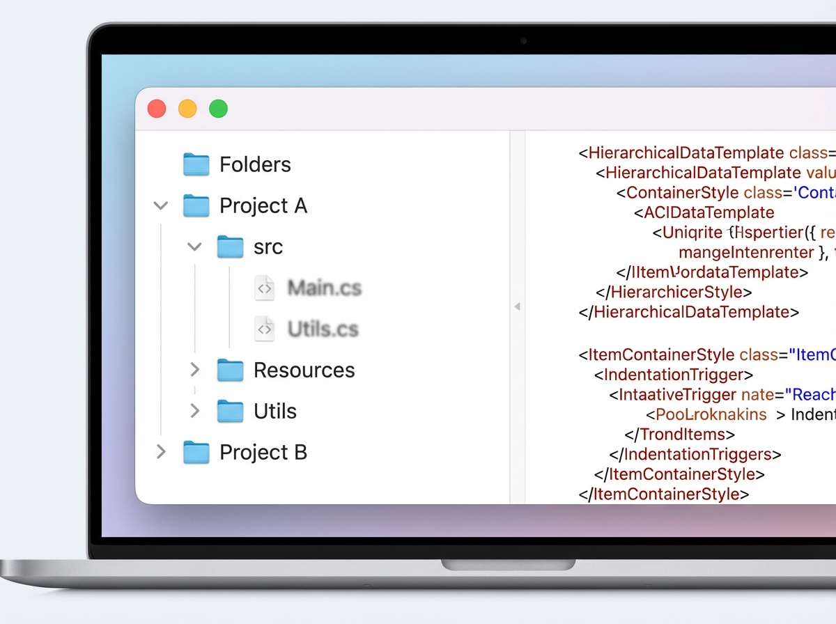 WPF TreeView recursive ItemsControl with Cupertino-style nodes showing HierarchicalDataTemplate binding to nested ObservableCollection, expand/collapse animation, and indentation logic in ItemContainerStyle
