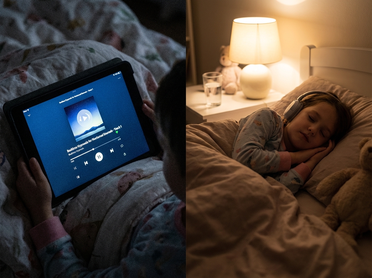 Child listening to a bedtime hypnosis recording for nocturnal enuresis on a tablet in a dimly lit bedroom, showing calm pre-sleep setup with low light and relaxed posture