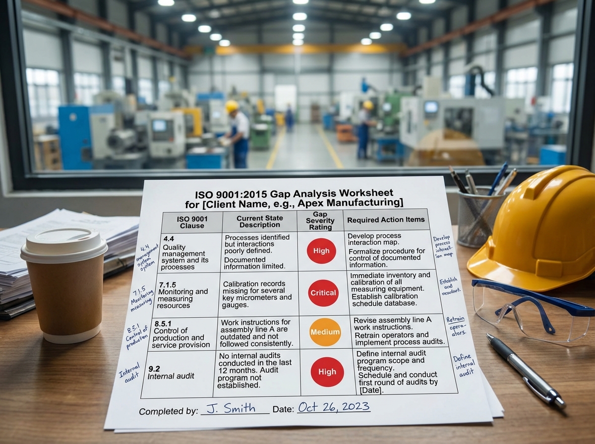 ISO gap analysis worksheet scene showing structured table with ISO 9001 clause numbers, current state description, gap severity rating, and required action items filled in for a manufacturing client