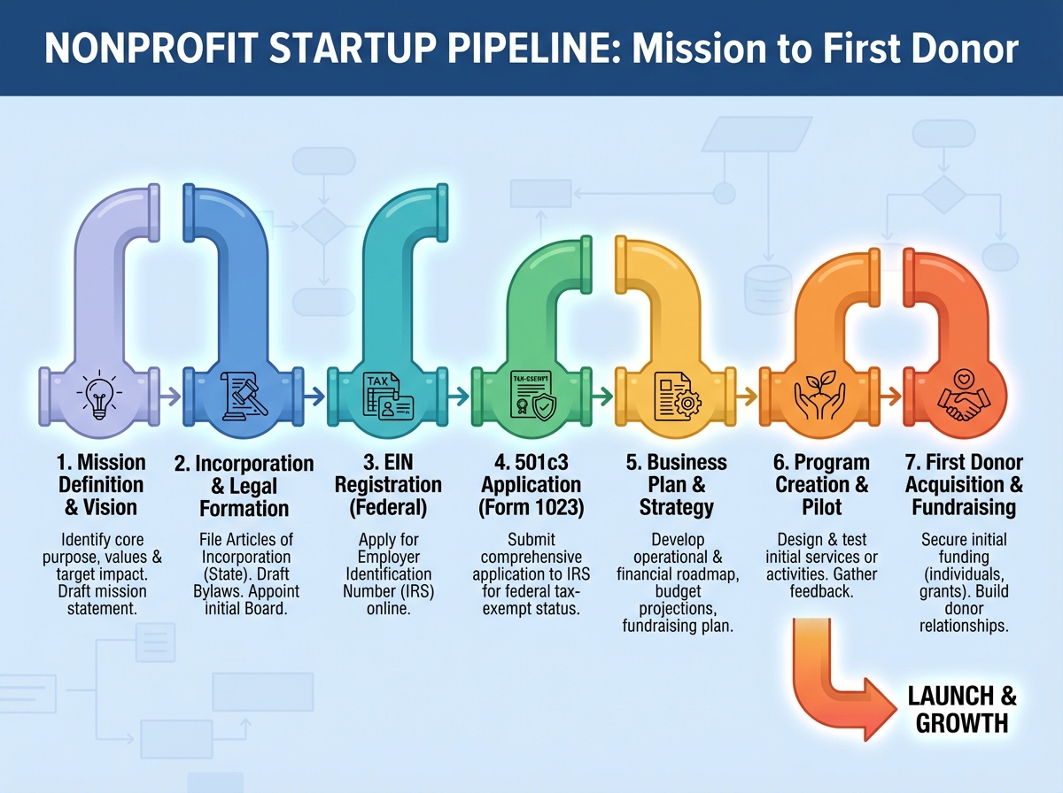 How to start a nonprofit pipeline diagram showing stages from mission definition through EIN registration, 501c3 application, business plan, program creation, and first donor acquisition