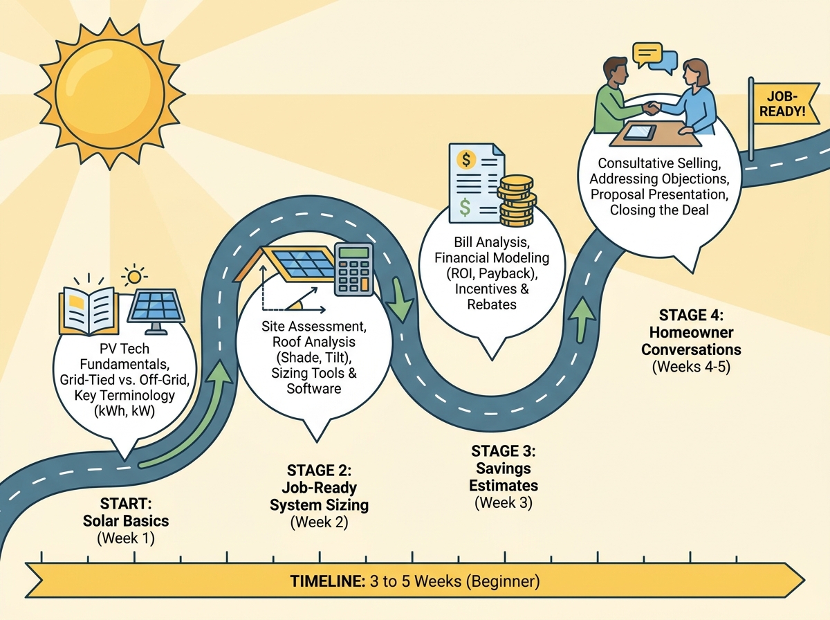 Solar sales roadmap showing four stages from solar basics to job-ready system sizing, savings estimates, and homeowner conversations across a 3 to 5 week beginner timeline