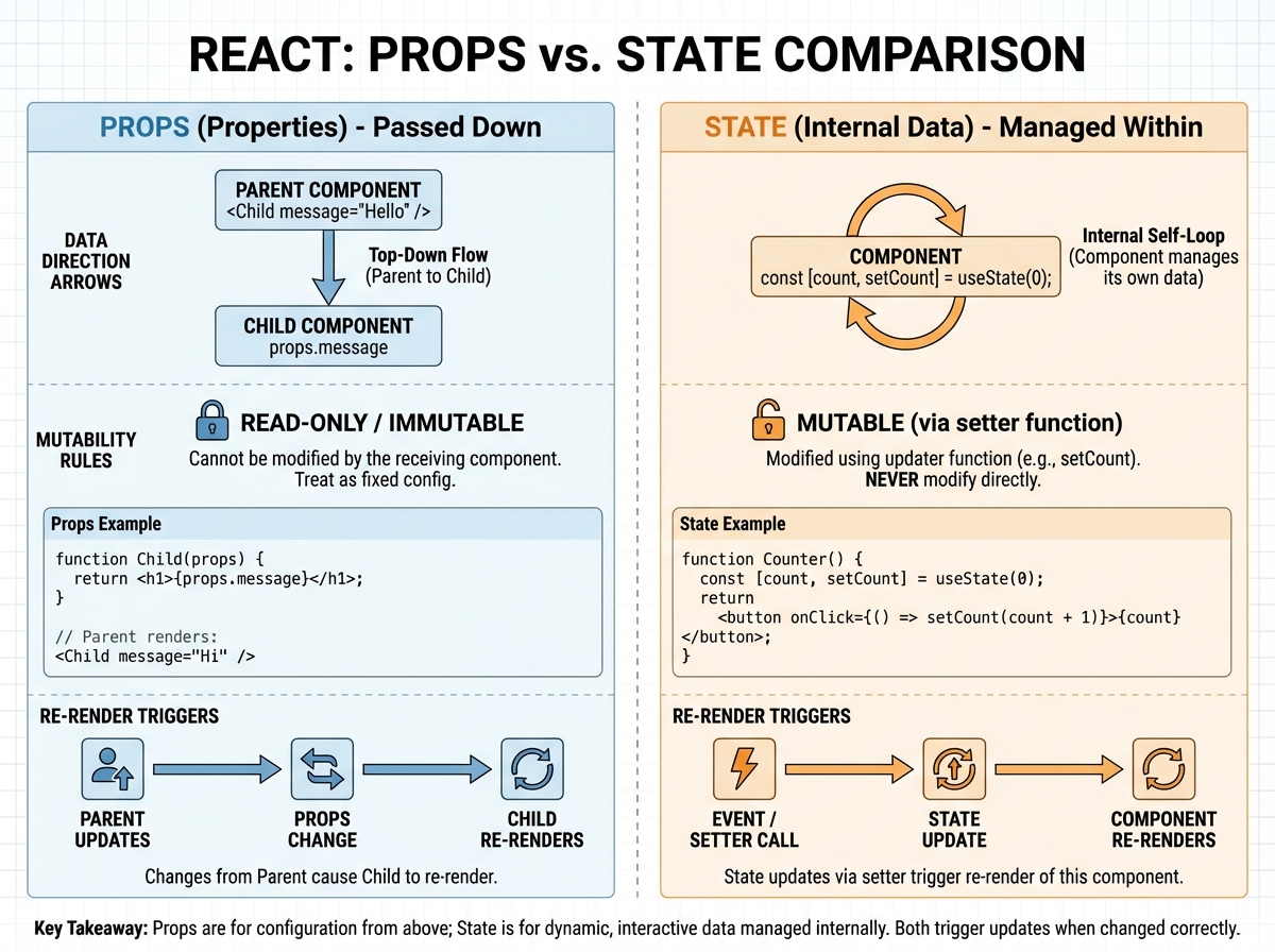 React component props vs state comparison diagram showing data direction arrows, mutability rules, and re-render triggers with code snippet examples