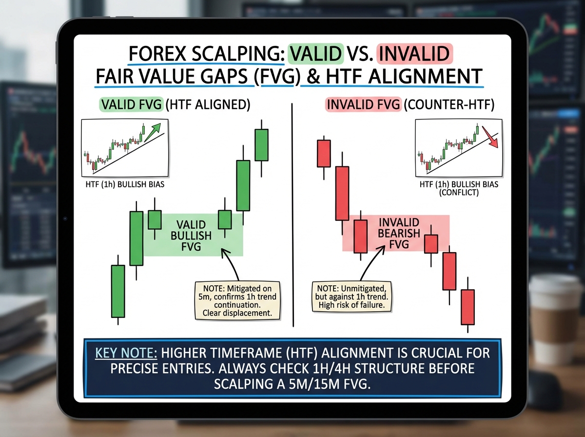 Annotated chart showing valid and invalid fair value gaps with notes on higher timeframe alignment for precise forex scalping entries.