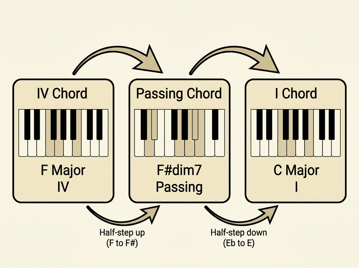 Gospel piano passing chord diagram showing chromatic voice leading from IV chord to I chord with half-step movement arrows and intermediate passing chord labeled between them