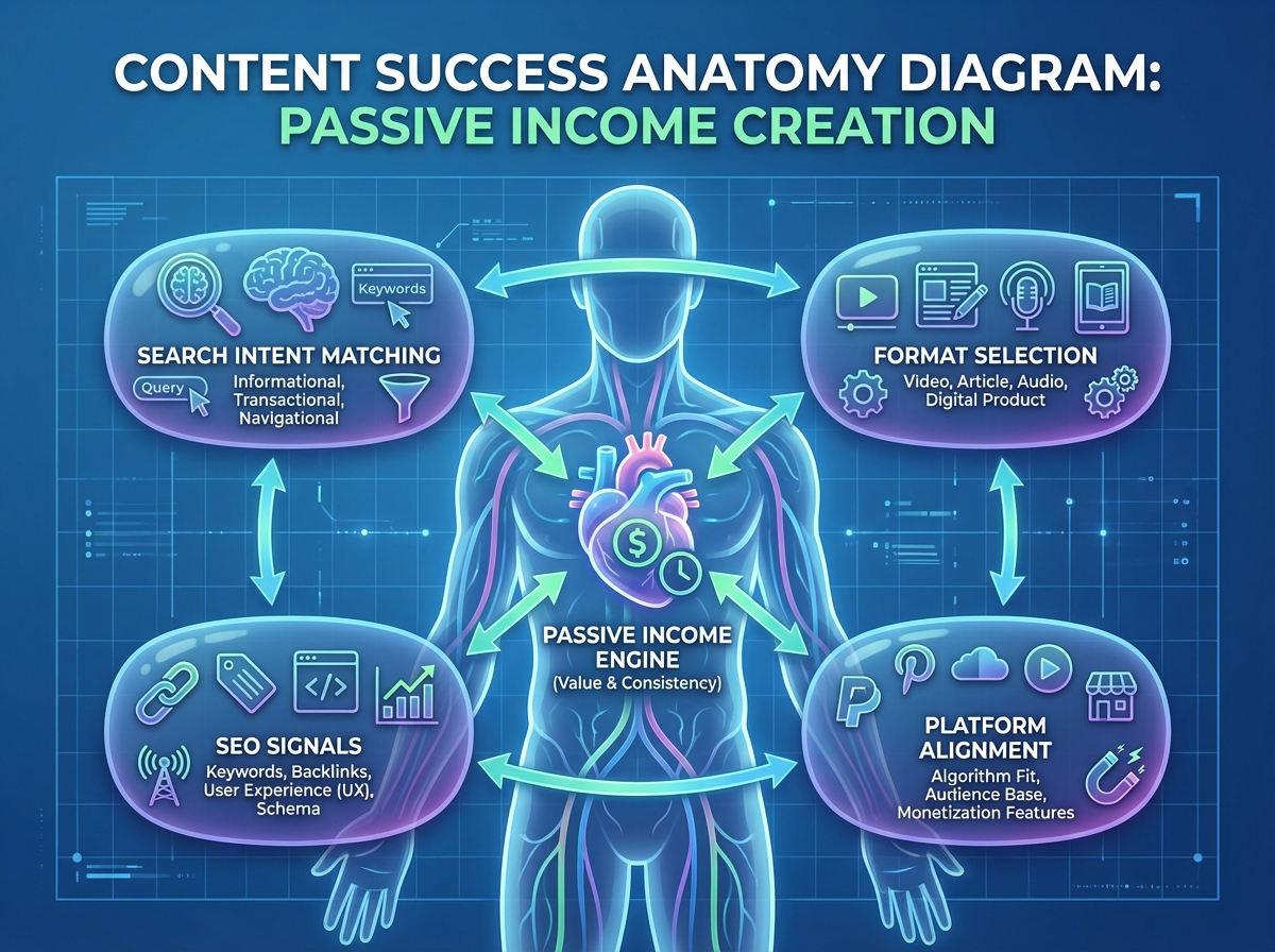 Content success anatomy diagram for passive income content creation showing search intent matching, format selection, SEO signals, and platform alignment as four interdependent variables