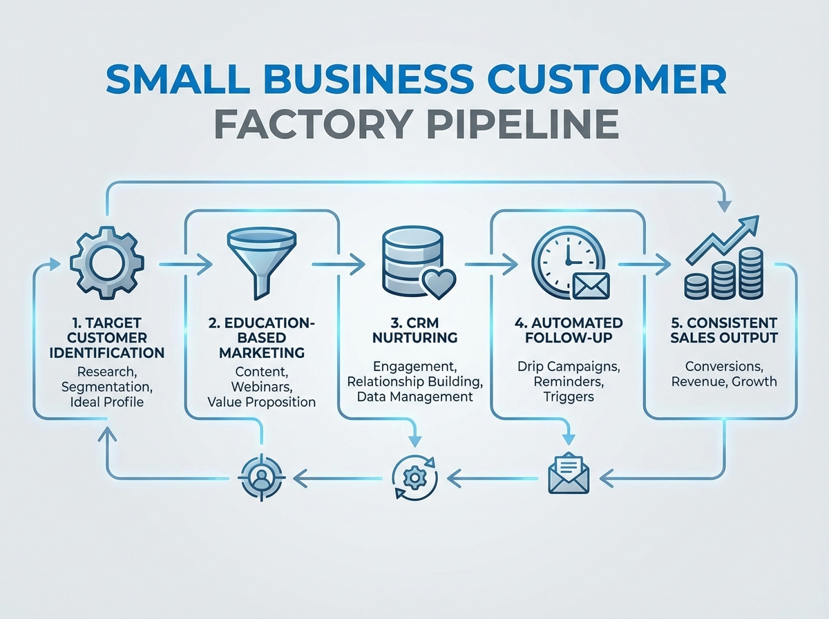 Small business customer factory pipeline diagram showing the stages from target customer identification through education-based marketing, CRM nurturing, and automated follow-up to consistent sales output