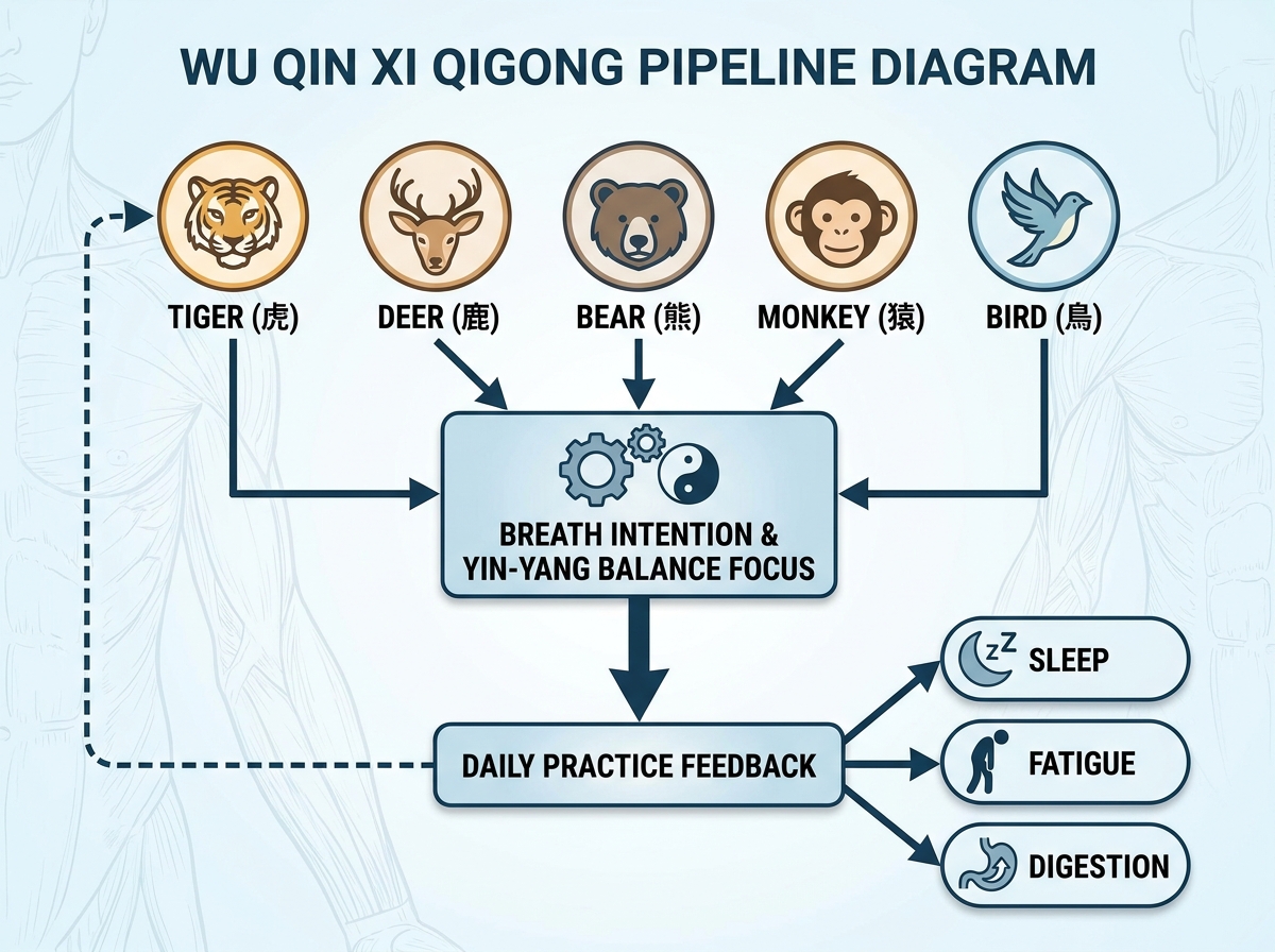 Wu Qin Xi qigong pipeline diagram showing five animal postures (tiger, deer, bear, monkey, bird) feeding into breath intention, yin-yang balance focus, and daily practice feedback for sleep, fatigue, digestion.