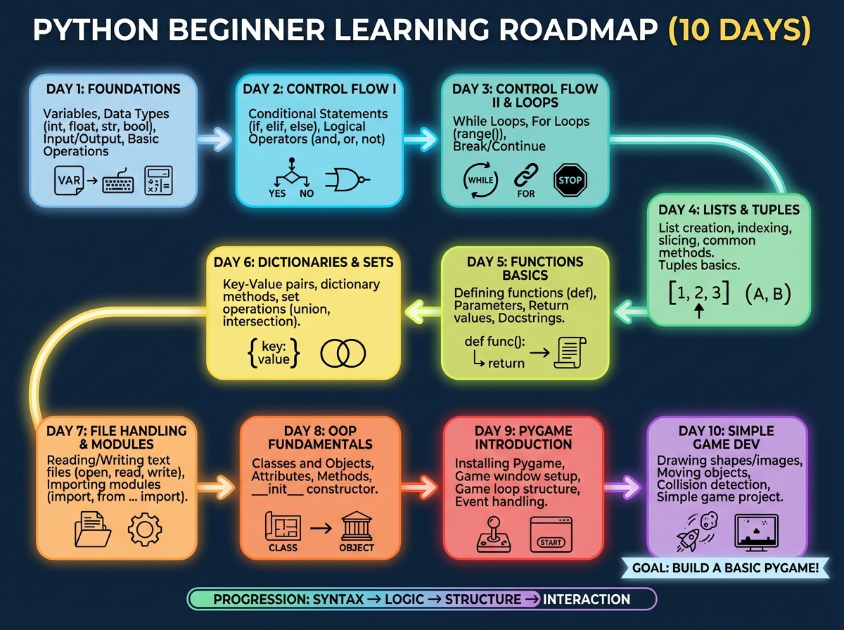 Python beginner learning roadmap diagram showing progression from variables and data types through loops and functions to OOP classes and pygame game development over 10 days