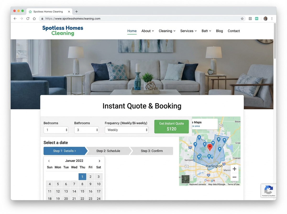 Cleaning business website homepage showing instant quote calculator form, online booking flow, and Google Maps integration built on Cloudflare for a residential cleaning service