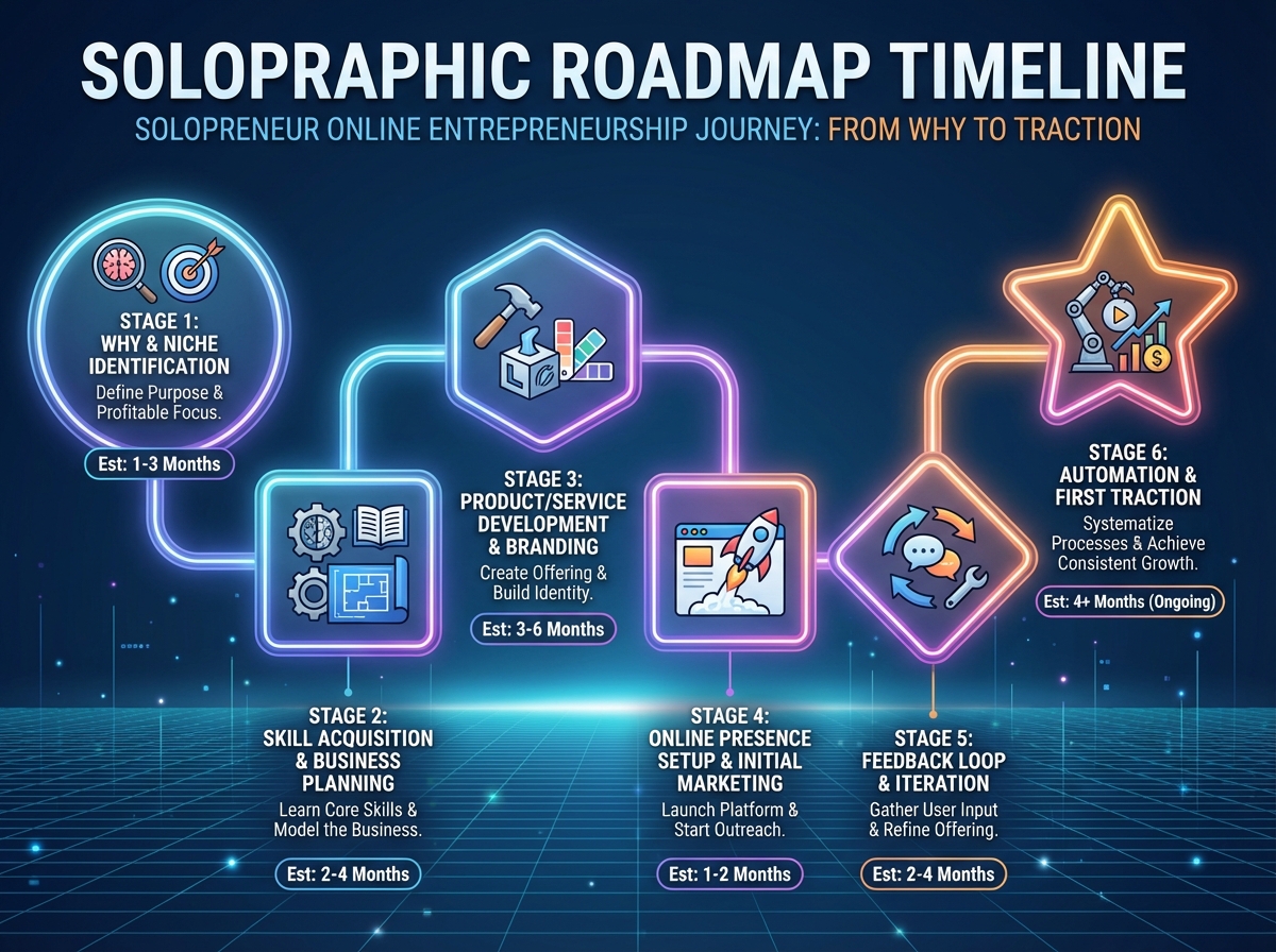 Online entrepreneurship timeline roadmap showing six sequential stages from why and niche identification to automation and first traction with estimated timeframes for each solopreneur milestone