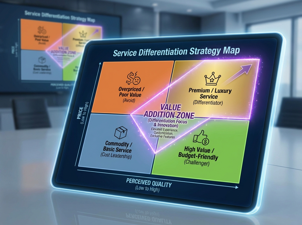 Service differentiation strategy map showing four quadrants of competitive positioning across price and perceived quality axes, with value addition zone highlighted