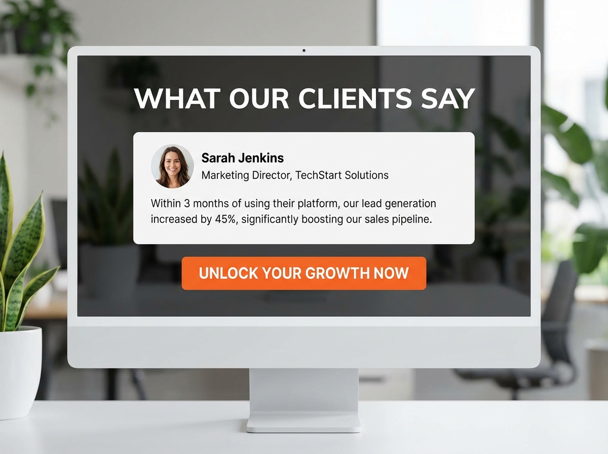 Sales page social proof section mockup showing a specific testimonial with name, role, and outcome detail positioned directly above a call-to-action button