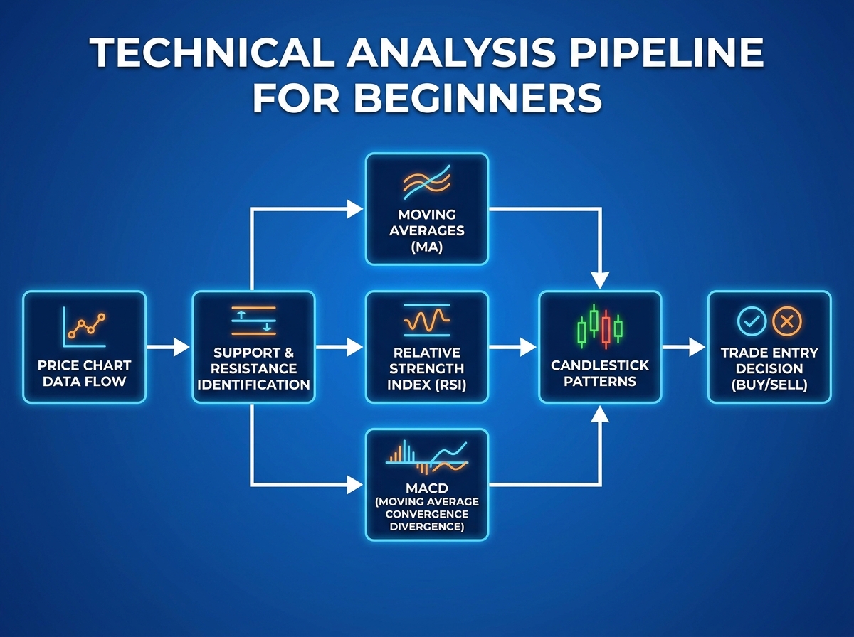 Technical analysis for stock market beginners pipeline diagram showing price chart flow from support and resistance identification through moving averages, RSI, MACD, and candlestick patterns to trade entry decision