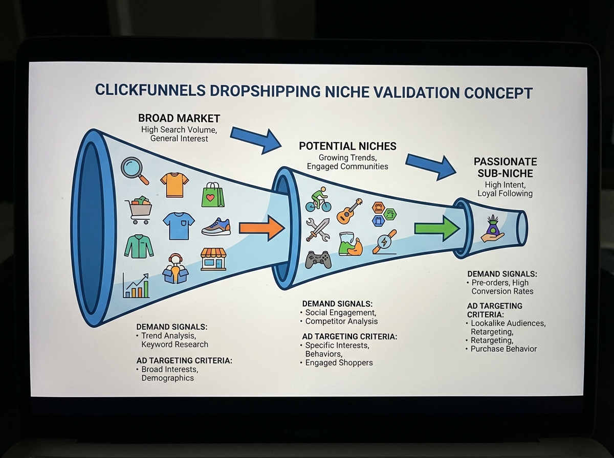 ClickFunnels dropshipping niche validation concept showing a wide funnel narrowing from broad market to passionate sub-niche with demand signals and ad targeting criteria labeled