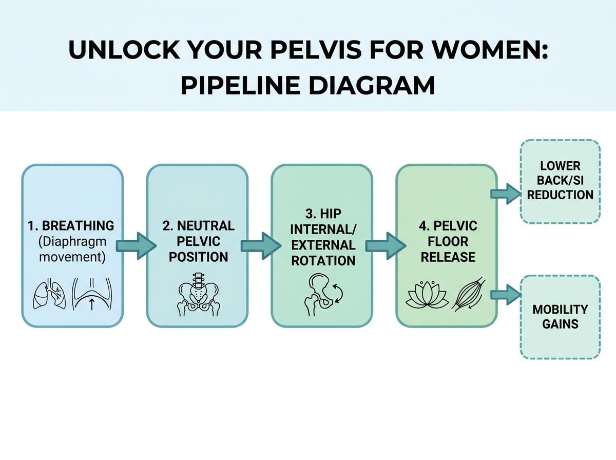 Unlock your pelvis for women pipeline diagram: left-to-right arrows from breathing (diaphragm movement) to neutral pelvic position, then to hip internal/external rotation, then to pelvic floor release; side boxes label lower back/SI reduction and mobility gains.