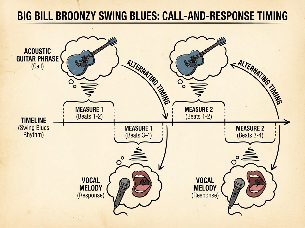 Concept diagram showing call-and-response relationship between acoustic blues guitar phrases and vocal melody in Big Bill Broonzy swing blues style, alternating guitar and voice timing shown on timeline