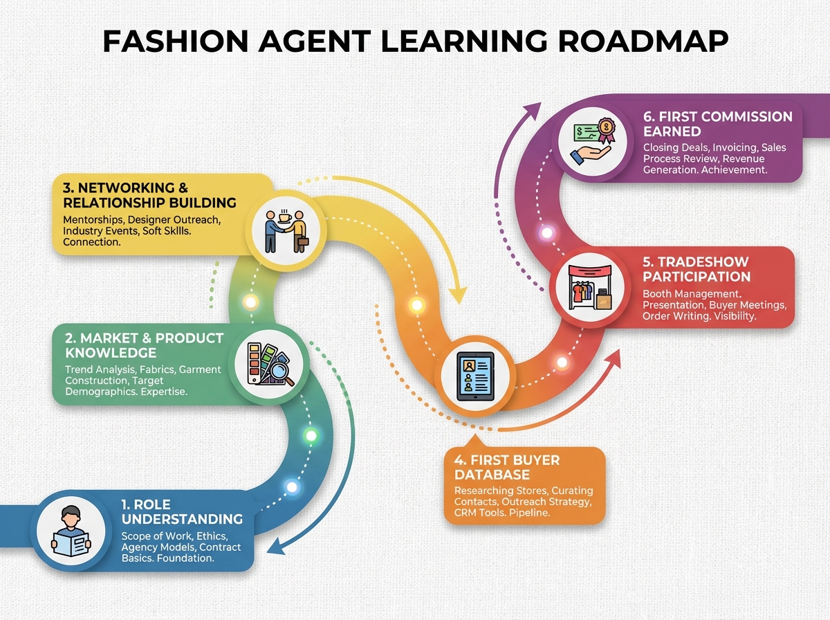 Fashion agent learning roadmap showing six sequential stages from role understanding through first buyer database to tradeshow participation and first commission earned