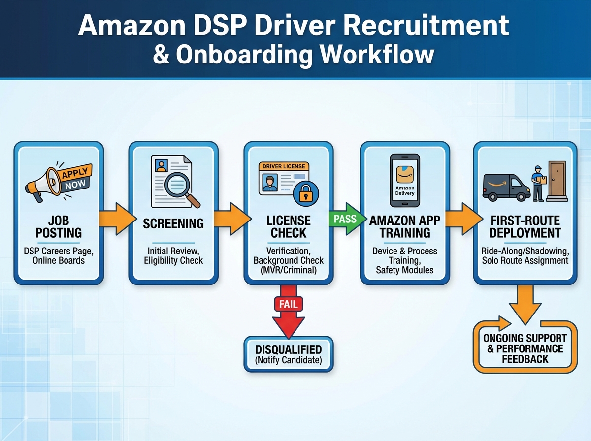 Amazon DSP driver recruitment and onboarding workflow diagram showing job posting, screening, license check, Amazon app training, and first-route deployment stages