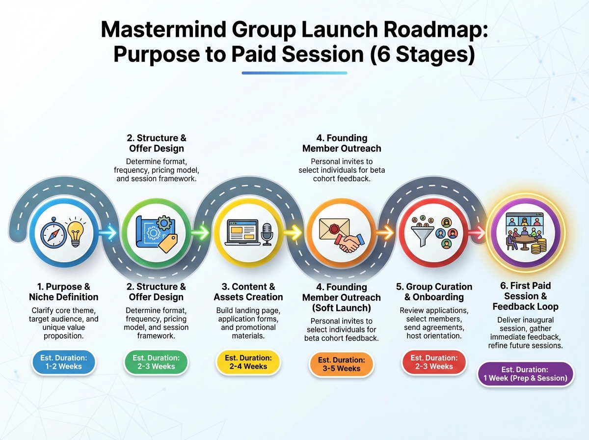 Mastermind group launch roadmap showing six sequential stages from purpose definition through founding member outreach to first paid session, with estimated duration per stage