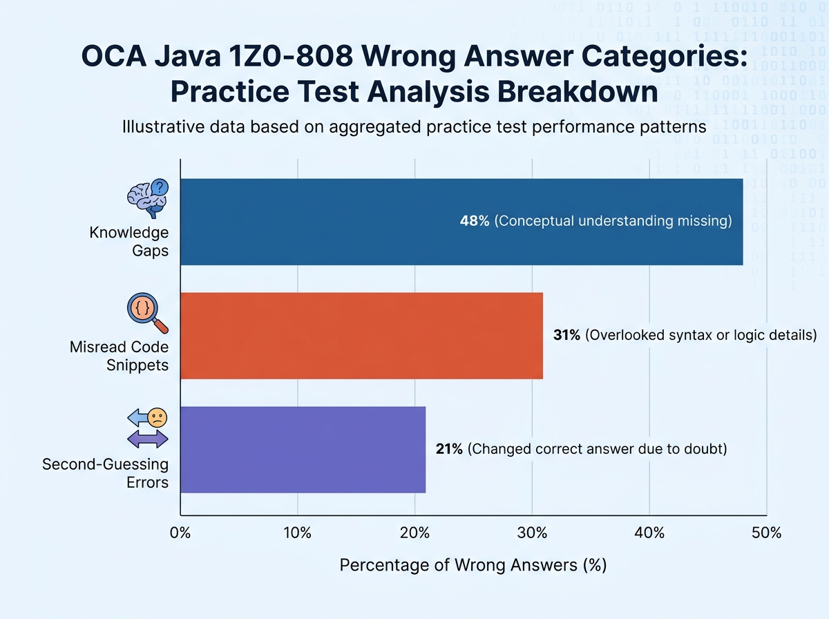 Bar chart showing OCA Java 1Z0-808 wrong answer categories: knowledge gaps, misread code snippets, and second-guessing errors, with percentage breakdown from practice test analysis
