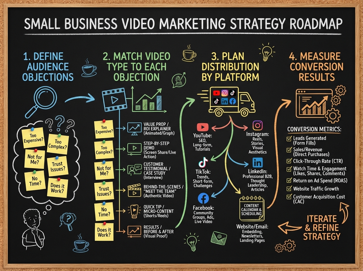 Video marketing strategy roadmap for small businesses showing four stages: define audience objections, match video type to each objection, plan distribution by platform, and measure conversion results