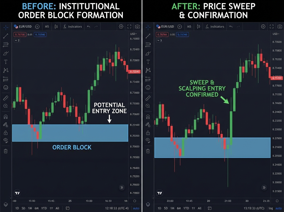 Side-by-side forex chart screenshots showing institutional order block before and after price sweep confirming scalping entry zone.