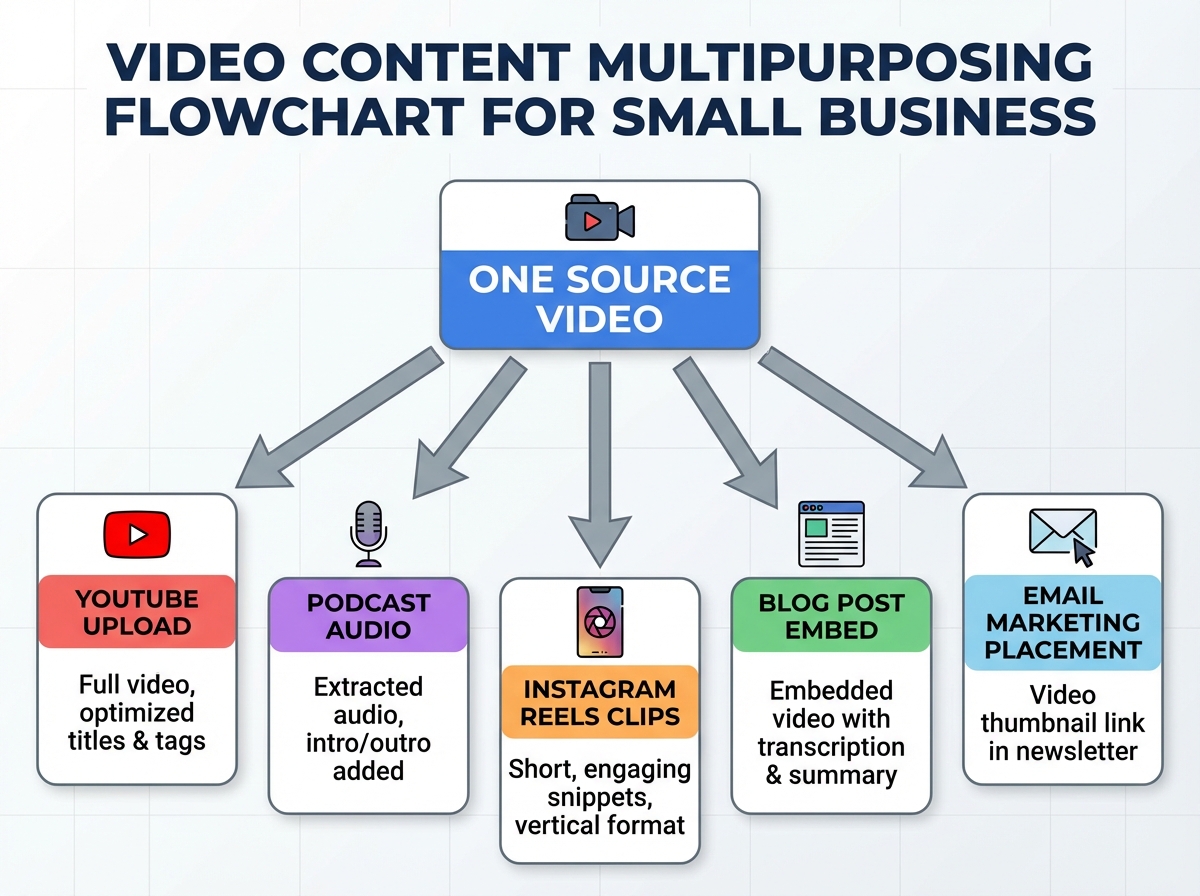 Video content multipurposing flowchart for small business showing one source video branching into YouTube upload, podcast audio, Instagram Reels clips, blog post embed, and email marketing placement