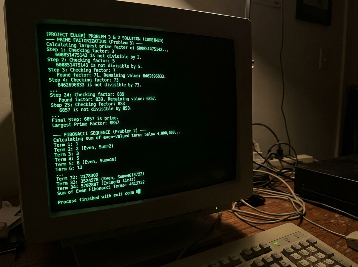 Python terminal showing Project Euler problem solution output with step-by-step algorithm results for prime factorization and Fibonacci sequence printed to console