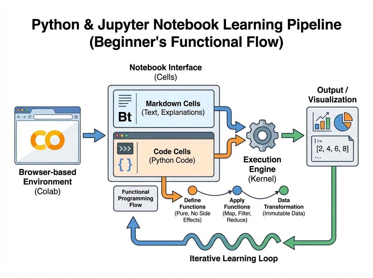 Python and Jupyter Notebook computer science learning pipeline showing browser-based Colab environment, code cells, markdown cells, and functional programming flow for beginners